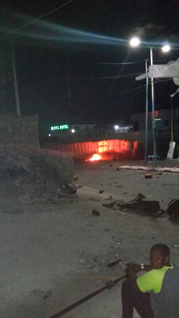 Aftermath of the VBIED explosion at Bashir Gate, the first checkpoint of the Presidential Palace; SYL Hotel locates on the opposite side of the road at least one govt soldier died in this explosion: sources