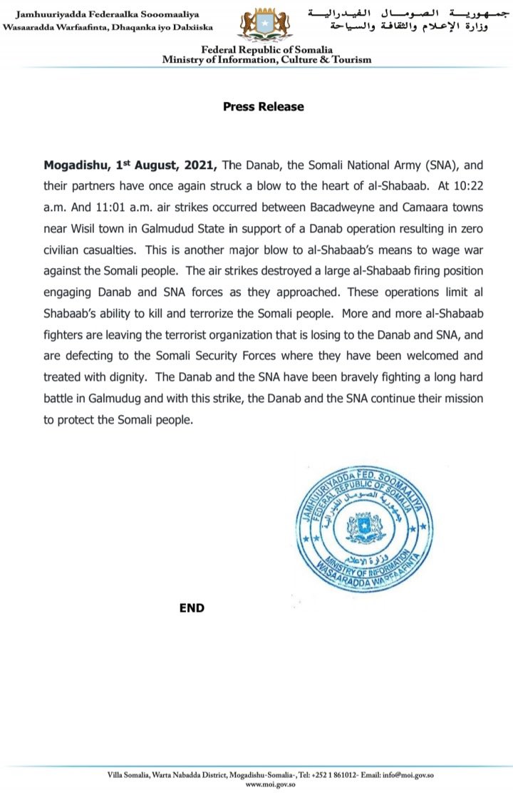 The Somali government confirms 3rd airstrike against Al-Shabaab in Mudug region in as many days; says Sunday's strike is a blow to the heart of Al-Shabaab