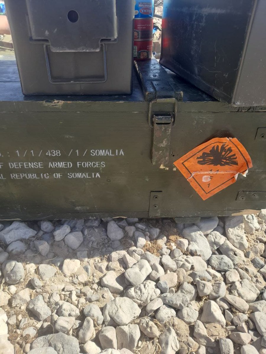 AlShabaab fighters display Turkish-made weapons, ammunition seized during a deadly battle against Somalia's Turkey-trained Gorgor troops in the outskirt of Dhusamareb town today. The militants claim to have killed 7 soldiers, injured 12 others and destroyed army vehicle