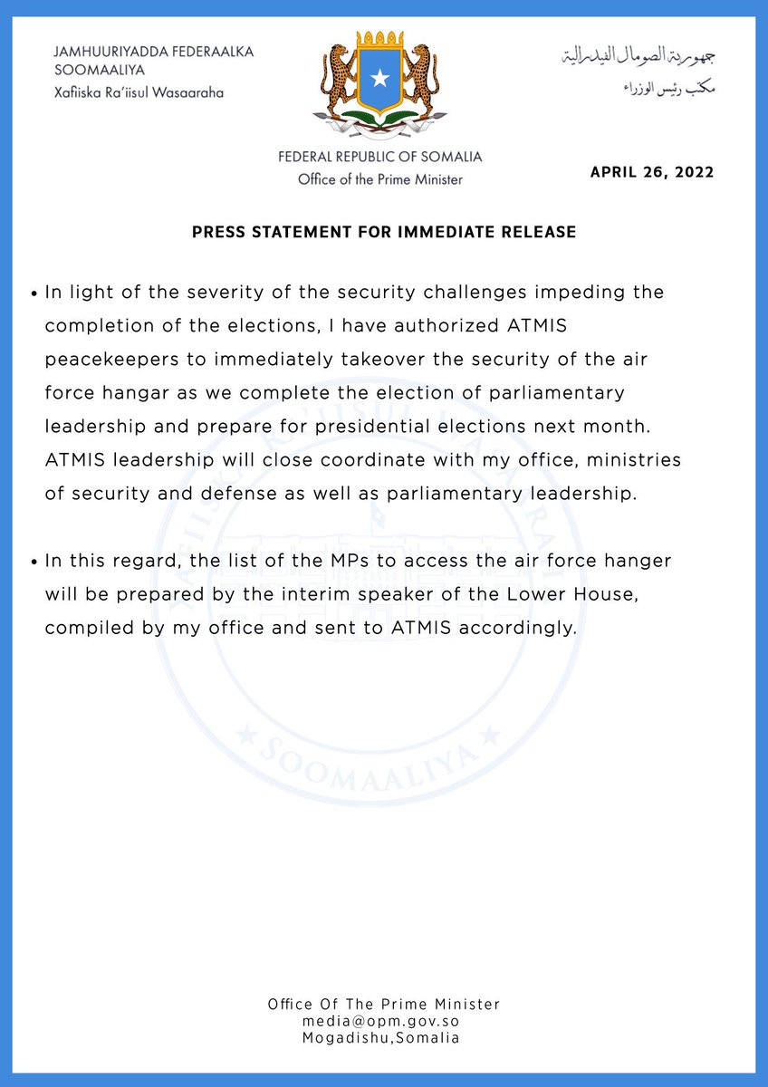 Somali President @M_Farmaajo rejects an attempt by his Prime Minister to put African Union forces in charge of election security. Under an agreed plan by all political stakeholders, Somali Police Chief remains in charge of matters security for the election with support of ATMIS