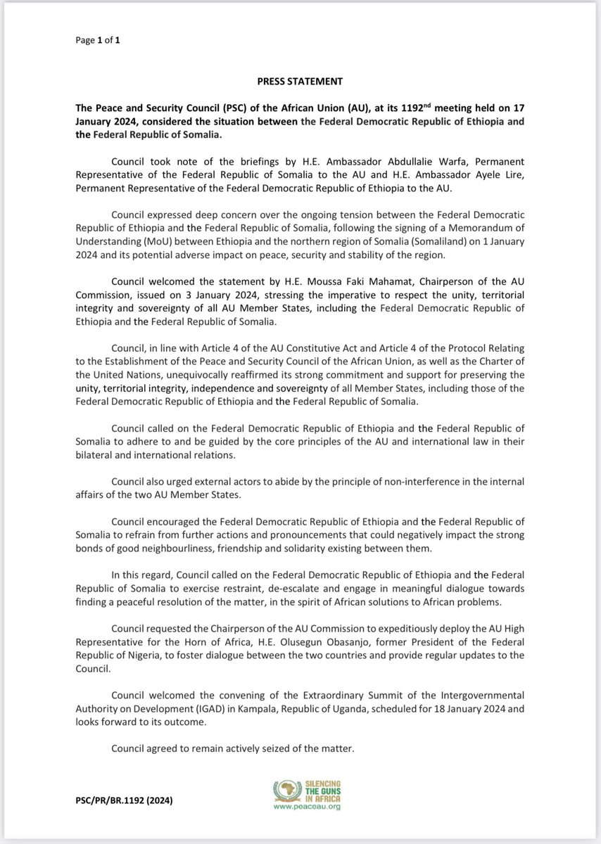 Somalia Foreign Ministry: No space for mediation unless Ethiopia retracts its illegal MoU and reaffirms the sovereignty and territorial integrity of Somalia, the foreign ministry of Somalia said in response to an @AUC_PAPS statement on Wednesday which proposed that  former Nigeria president Olusegun Obasanjo to be dispatch to start dialogue between the two countries. In that statement, @AUC_PAPS called for the preservation of the unity, territorial integrity, independence and sovereignty of member states, but Somalia said it has not violated the territorial integrity of Ethiopia.