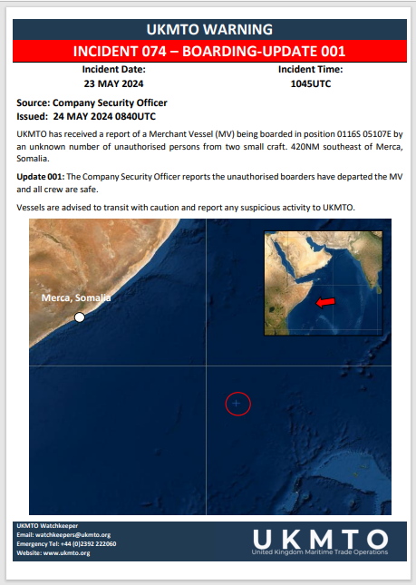 UKMTO has received a report of a Merchant Vessel (MV) being boarded in position 0116S 05107E by an unknown number of unauthorised persons from two small craft. 420NM southeast of Merca, Somalia. Update 001: The Company Security Officer reports the unauthorised boarders have departed the MV
and all crew are safe.