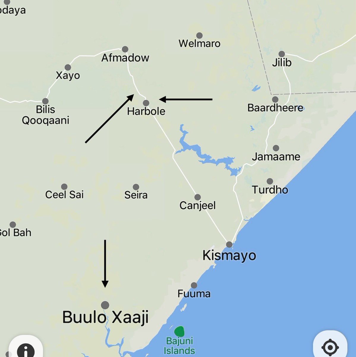 Somali authorities in Jubaland have reported that federal and regional forces have repulsed three separate, coordinated attacks by al-Shabaab militants  on three newly captured areas west and south of Kismayo. Early on Monday Al-Shabaab militants have attacked Harbole and the nearby Mido village west of Kismayo which were captured 12 days ago. The militants have also attacked Bulo Haji town base, about 90km south of Kismayo. Officials say said troops have defeated the militants in all three battles. Purported photos of dead al-Shabaab militants and weapons seized by the government forces are being published by social media accounts. The al-Shabaab militants on their side confirmed the three raids and have claimed “overrunning” the bases.