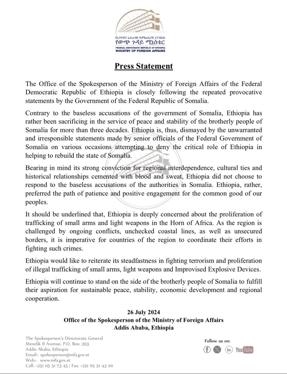 Ethiopia calls on regional countries to coordinate efforts to fight proliferation trafficking of small arms and light weapons - statement This follows after the Somali government recently reported seizure of weapons smuggled from the border with Ethiopia. Somalia said some of the weapons fell into the hands of armed militias after the government forces escorting were ambushed