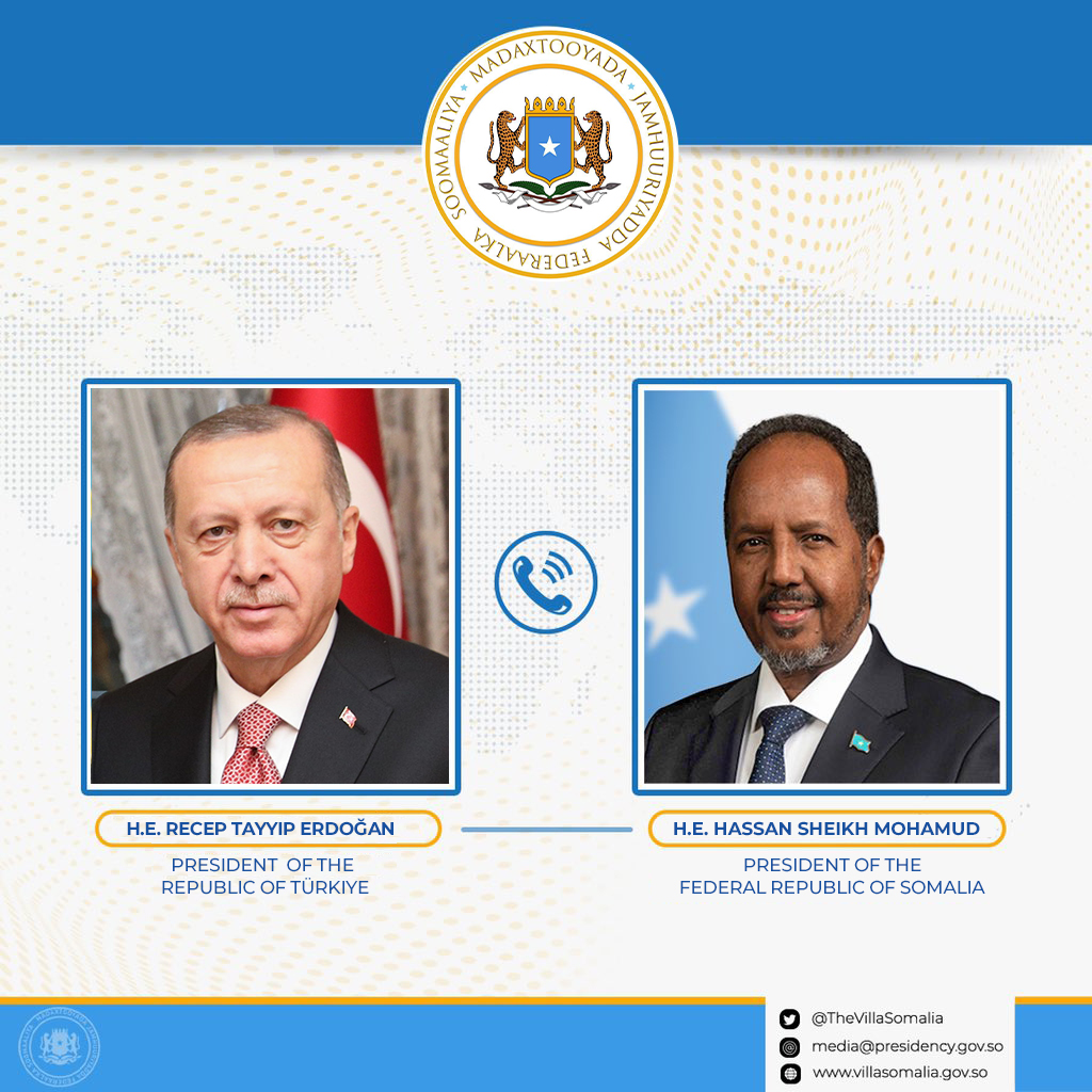 President 
@HassanSMohamud
 spoke by phone with President 
@RTErdogan
 of the Republic of Türkiye. They discussed enhancing strategic cooperation between the brotherly countries, including energy, and defense. President Erdogan reaffirmed Türkiye's support for Somalia's territorial integrity, unity, and counter-terrorism efforts. They also discussed Türkiye's positive role in Somalia-Ethiopia mediation.