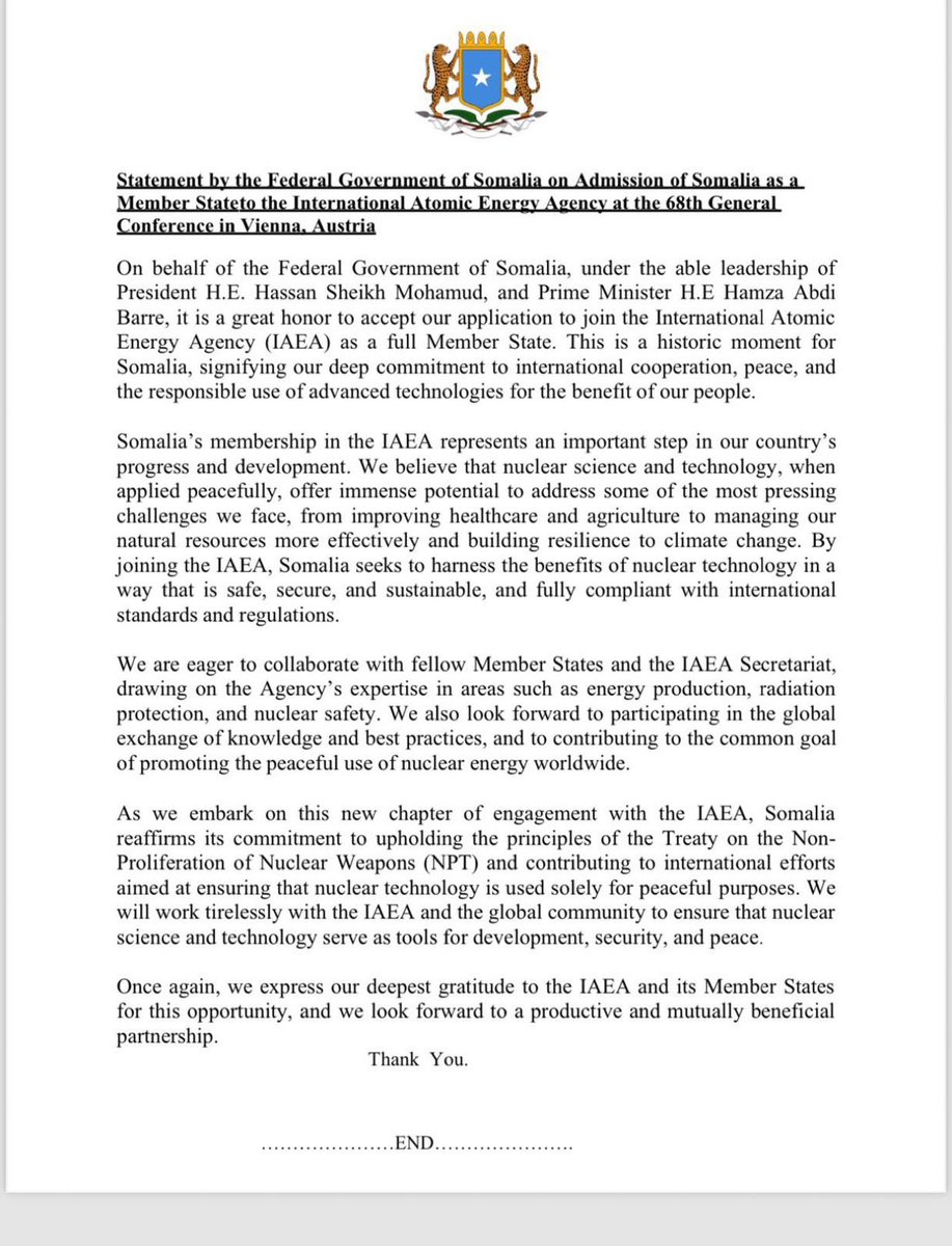 Official Somalia statement on joining IAEA