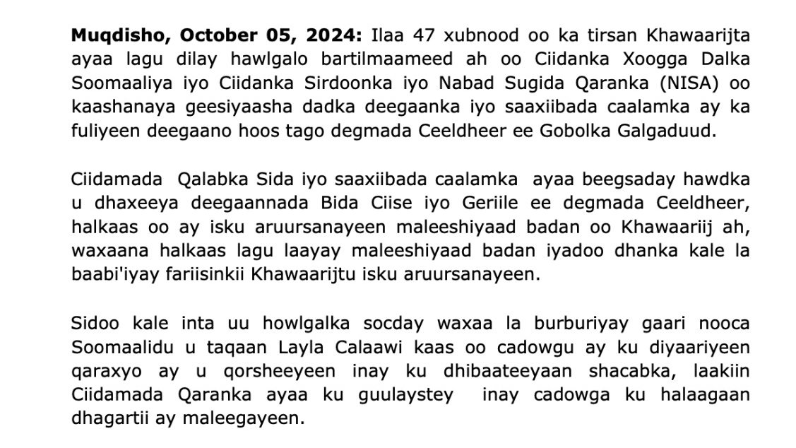 Al menos 47 militantes de Al Shabab murieron en una operación aérea y terrestre llevada a cabo en zonas de la ciudad de Eldher, en el centro de Somalia. En un comunicado, el Ministerio de Información dijo que un vehículo cargado de explosivos también fue destruido en la operación. Se informó de ataques aéreos en Mesagawa, Baraag Sheikh Caamir y Cosweyne. Al menos seis misiles han alcanzado zonas donde decenas de militantes de Al Shabaab se estaban reagrupando.