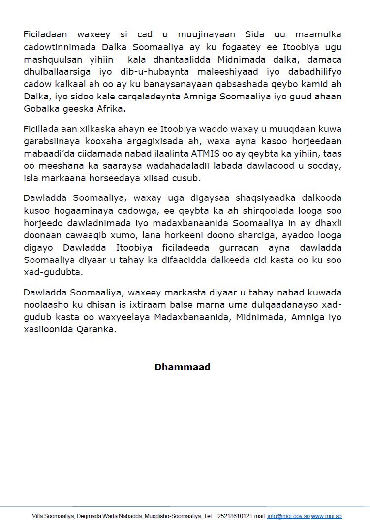 Dans une nouvelle déclaration, le gouvernement somalien a accusé l'Ethiopie d'avoir envoyé deux avions chargés d'armes à Kismayo, dans un contexte de divergences politiques entre le gouvernement somalien et les dirigeants du Jubaland au sujet de l'aide controversée apportée récemment aux élections à Kismayo. L'Ethiopie n'a pas réagi immédiatement.