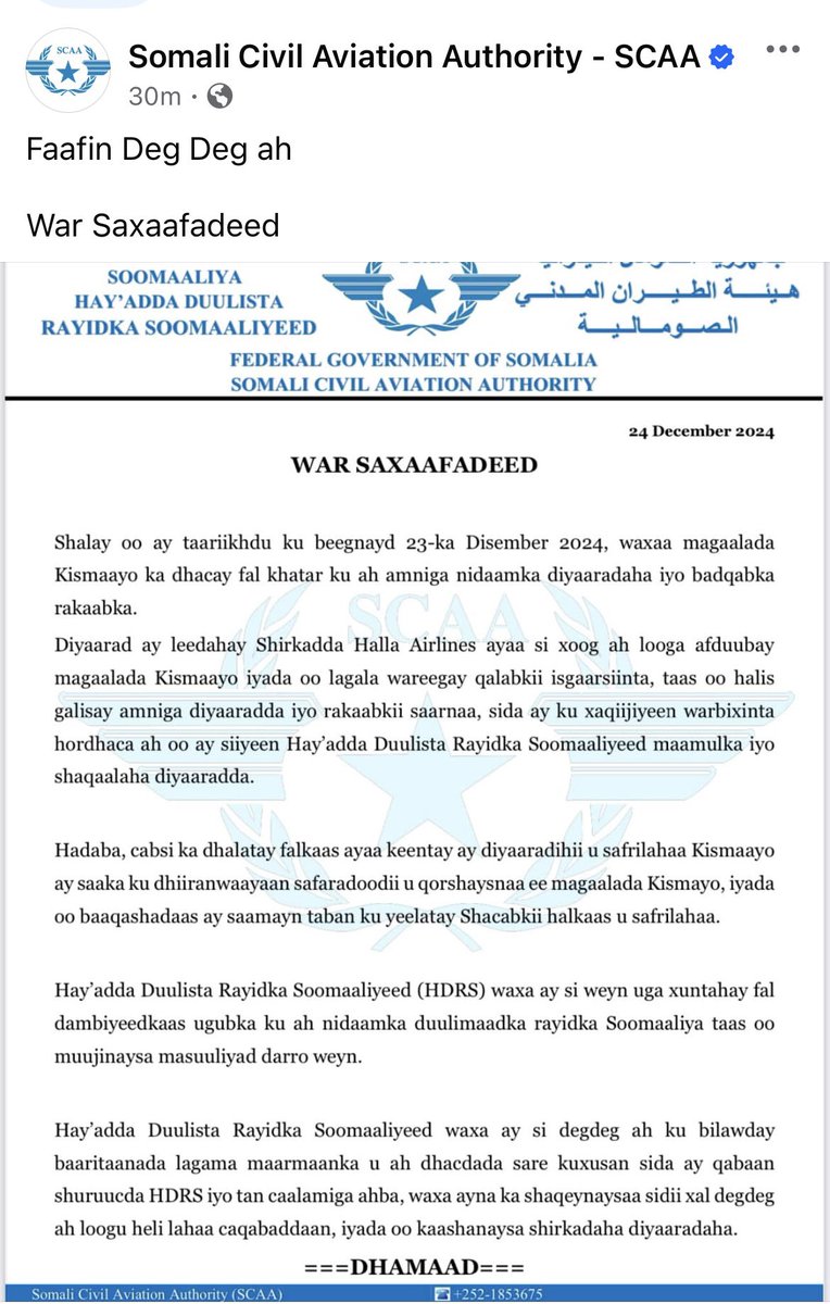 De Somalische burgerluchtvaartautoriteit (SCAA) beweert dat luchtvaartmaatschappijen bang zijn om dinsdag naar Kismayo te vliegen, verwijzend naar een incident dat maandag zou hebben plaatsgevonden op de luchthaven van Kismayo.