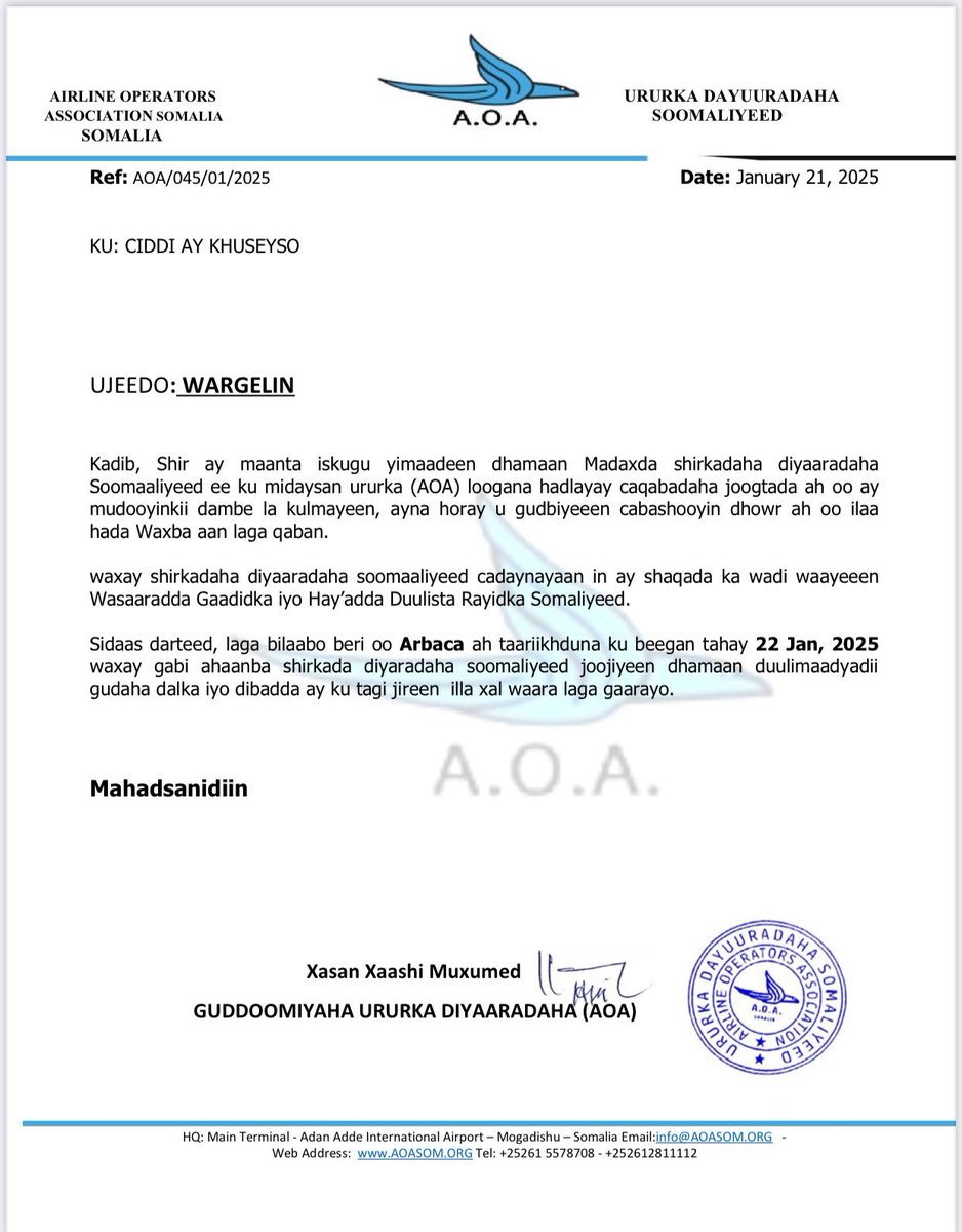 Somali'deki tüm havacılık şirketleri, Mogadişu'daki havacılık otoritelerinin talep ettiği keyfi vergiler ve rüşvetlere karşı protesto amacıyla yarın 22 Ocak'ta iç ve dış hat uçuşlarını durduracak. Somali Havacılık Şirketleri Derneği, Bakanlık ve Sivil Havacılık Otoritesi ile yapılan çok sayıda toplantının dostane bir çözüme ulaşmak için herhangi bir ilerleme sağlamadığını söyledi.