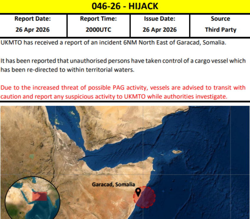 یک کشتی باری دیگر توسط دزدان دریایی سومالیایی ربوده شد - UKMTO گزارش شده است که یک کشتی باری در سواحل گاراکاد ربوده شده و به آب‌های منطقه‌ای سومالی منتقل شده است، زیرا دزدان دریایی حملات خود را در منطقه افزایش داده‌اند.